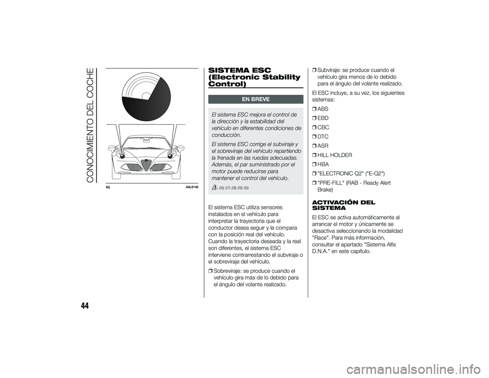Alfa Romeo 4C 2014 Manual de Empleo y Cuidado (in Spanish) SISTEMA ESC
(Electronic Stability
Control)
EN BREVE
El sistema ESC mejora el control de
la dirección y la estabilidad del
vehículo en diferentes condiciones de
conducción.
El sistema ESC corrige el Alfa Romeo 4C 2014 Manual de Empleo y Cuidado (in Spanish) SISTEMA ESC
(Electronic Stability
Control)
EN BREVE
El sistema ESC mejora el control de
la dirección y la estabilidad del
vehículo en diferentes condiciones de
conducción.
El sistema ESC corrige el
