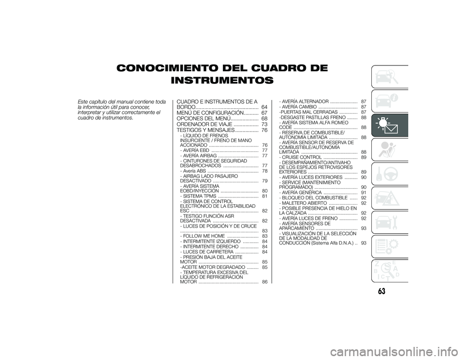 Alfa Romeo 4C 2014  Manual de Empleo y Cuidado (in Spanish) CONOCIMIENTO DEL CUADRO DEINSTRUMENTOS
Este capítulo del manual contiene toda
la información útil para conocer,
interpretar y utilizar correctamente el
cuadro de instrumentos. CUADRO E INSTRUMENTOS