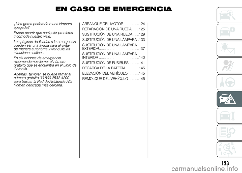 Alfa Romeo 4C 2015  Manual de Empleo y Cuidado (in Spanish) EN CASO DE EMERGENCIA
¿Una goma perforada o una lámpara
apagada?
Puede ocurrir que cualquier problema
incomode nuestro viaje.
Las páginas dedicadas a la emergencia
pueden ser una ayuda para afronta