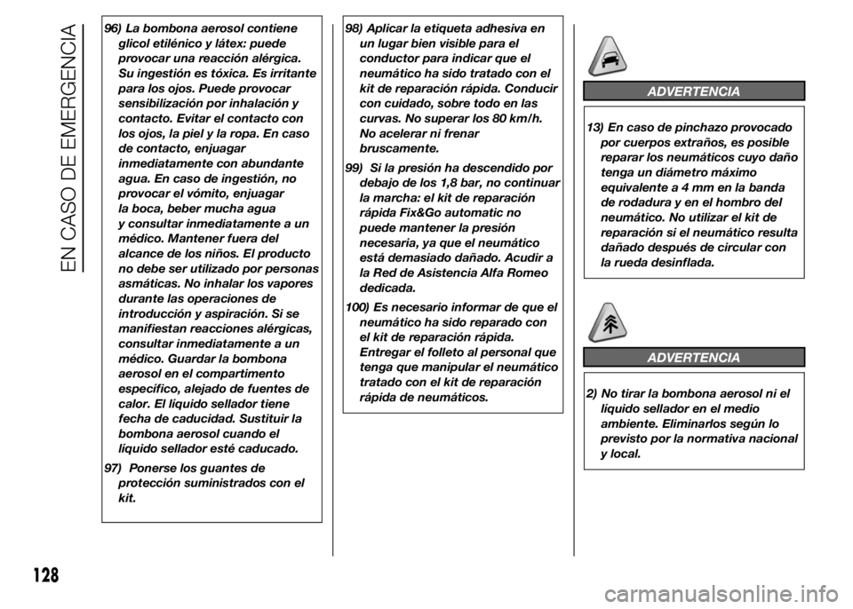 Alfa Romeo 4C 2015  Manual de Empleo y Cuidado (in Spanish) 96) La bombona aerosol contiene
glicol etilénico y látex: puede
provocar una reacción alérgica.
Su ingestión es tóxica. Es irritante
para los ojos. Puede provocar
sensibilización por inhalació