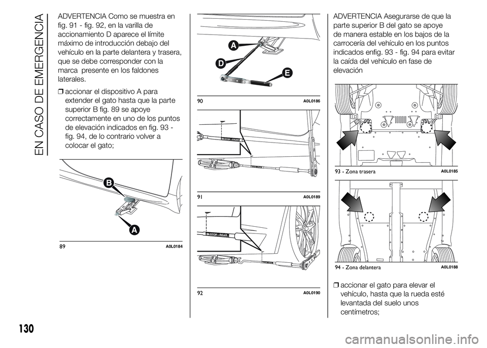 Alfa Romeo 4C 2015  Manual de Empleo y Cuidado (in Spanish) ADVERTENCIA Como se muestra en
fig. 91 - fig. 92, en la varilla de
accionamiento D aparece el límite
máximo de introducción debajo del
vehículo en la parte delantera y trasera,
que se debe corresp