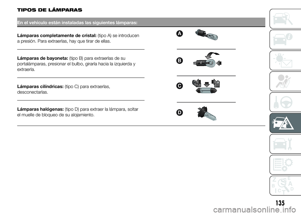 Alfa Romeo 4C 2015  Manual de Empleo y Cuidado (in Spanish) TIPOS DE LÁMPARAS
En el vehículo están instaladas las siguientes lámparas:
Lámparas completamente de cristal:(tipo A) se introducen
a presión. Para extraerlas, hay que tirar de ellas.
Lámparas 