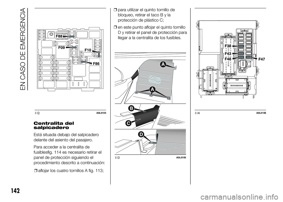 Alfa Romeo 4C 2015  Manual de Empleo y Cuidado (in Spanish) Centralita del
salpicadero
Está situada debajo del salpicadero
delante del asiento del pasajero.
Para acceder a la centralita de
fusiblesfig. 114 es necesario retirar el
panel de protección siguiend