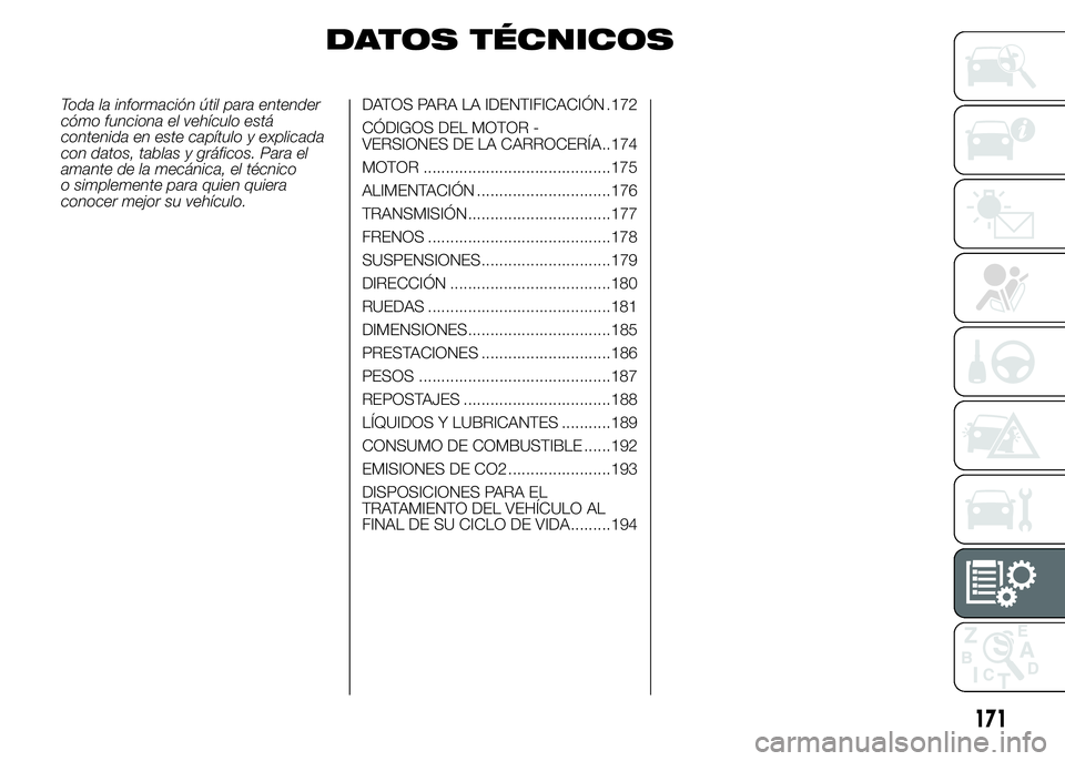 Alfa Romeo 4C 2015  Manual de Empleo y Cuidado (in Spanish) DATOS TÉCNICOS
Toda la información útil para entender
cómo funciona el vehículo está
contenida en este capítulo y explicada
con datos, tablas y gráficos. Para el
amante de la mecánica, el té