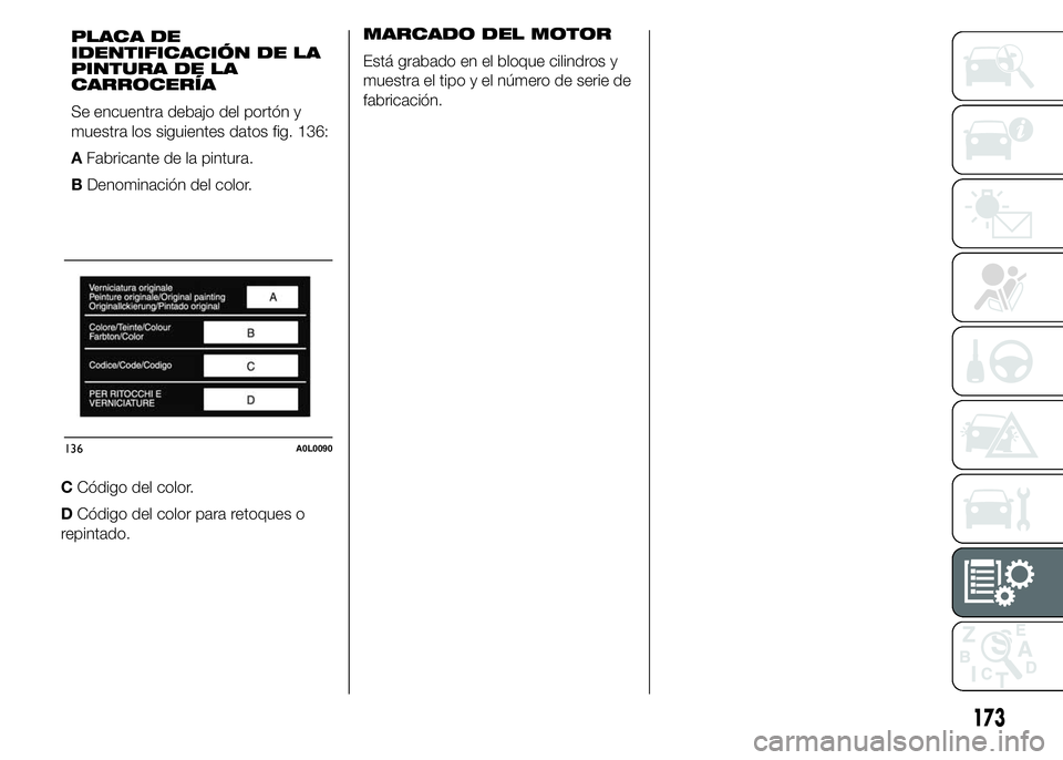 Alfa Romeo 4C 2015 Manual de Empleo y Cuidado (in Spanish) CCódigo del color.
DCódigo del color para retoques o
repintado.MARCADO DEL MOTOR
Está grabado en el bloque cilindros y
muestra el tipo y el número de serie de
fabricación.
136A0L0090
173
PLACA DE Alfa Romeo 4C 2015 Manual de Empleo y Cuidado (in Spanish) CCódigo del color.
DCódigo del color para retoques o
repintado.MARCADO DEL MOTOR
Está grabado en el bloque cilindros y
muestra el tipo y el número de serie de
fabricación.
136A0L0090
173
PLACA DE
