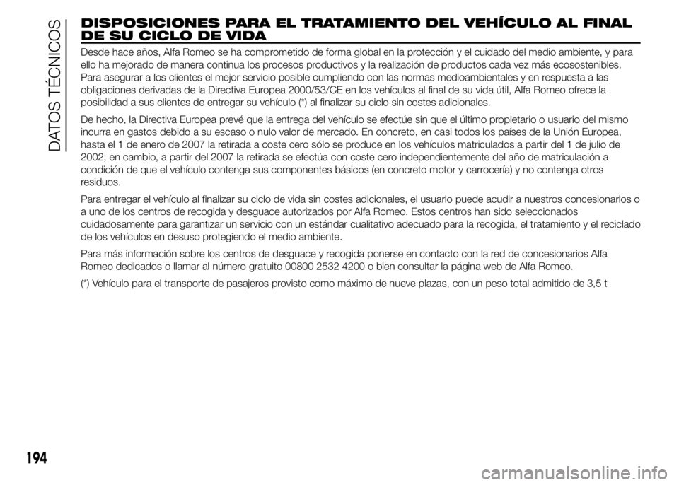 Alfa Romeo 4C 2015 Manual de Empleo y Cuidado (in Spanish) DISPOSICIONES PARA EL TRATAMIENTO DEL VEHÍCULO AL FINAL
DE SU CICLO DE VIDA
Desde hace años, Alfa Romeo se ha comprometido de forma global en la protección y el cuidado del medio ambiente, y para
e Alfa Romeo 4C 2015 Manual de Empleo y Cuidado (in Spanish) DISPOSICIONES PARA EL TRATAMIENTO DEL VEHÍCULO AL FINAL
DE SU CICLO DE VIDA
Desde hace años, Alfa Romeo se ha comprometido de forma global en la protección y el cuidado del medio ambiente, y para
e