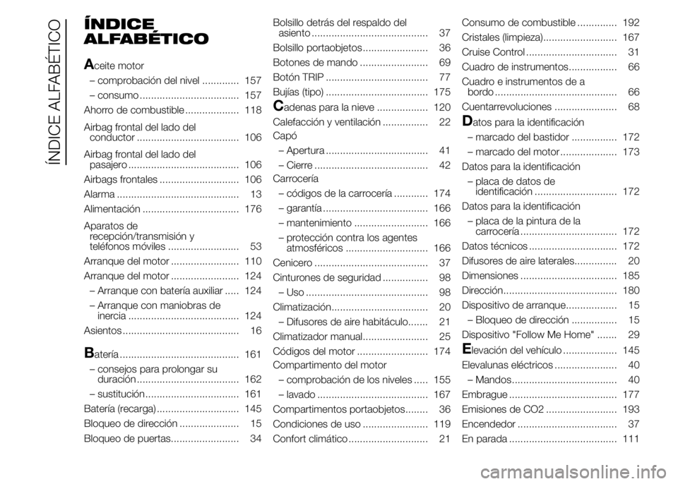 Alfa Romeo 4C 2015 Manual de Empleo y Cuidado (in Spanish) ÍNDICE
ALFABÉTICO
A
ceite motor
– comprobación del nivel ............. 157
– consumo ................................... 157
Ahorro de combustible ................... 118
Airbag frontal del lad Alfa Romeo 4C 2015 Manual de Empleo y Cuidado (in Spanish) ÍNDICE
ALFABÉTICO
A
ceite motor
– comprobación del nivel ............. 157
– consumo ................................... 157
Ahorro de combustible ................... 118
Airbag frontal del lad