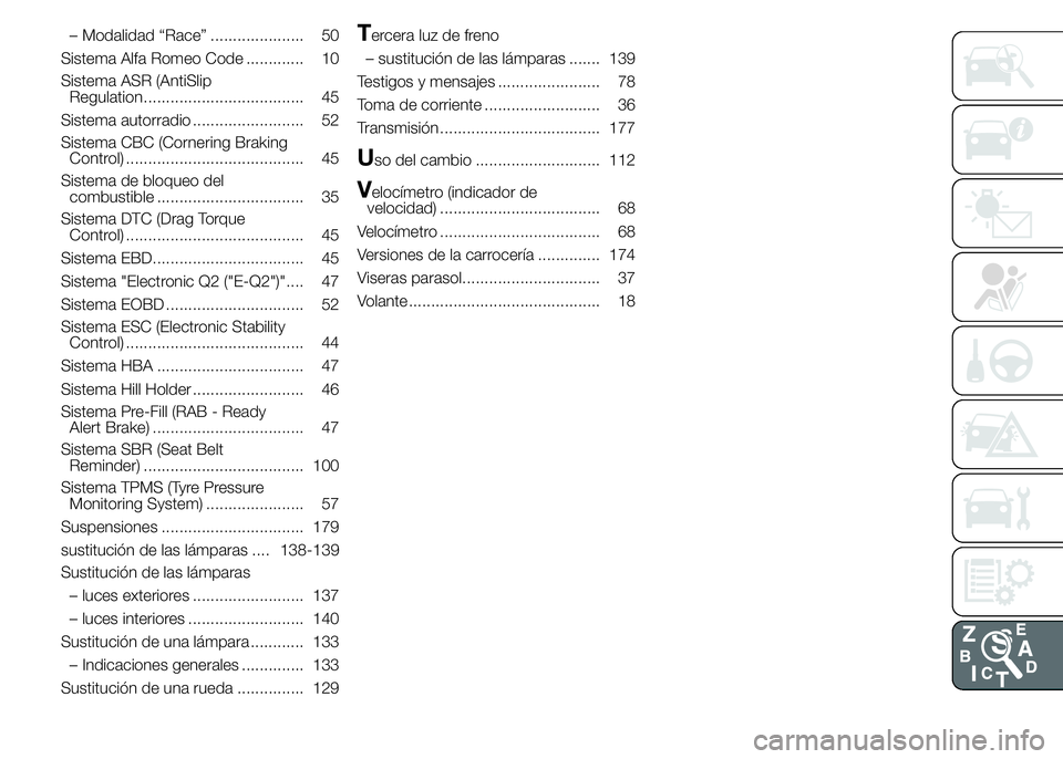 Alfa Romeo 4C 2015  Manual de Empleo y Cuidado (in Spanish) – Modalidad “Race” ..................... 50
Sistema Alfa Romeo Code ............. 10
Sistema ASR (AntiSlip
Regulation.................................... 45
Sistema autorradio ..................