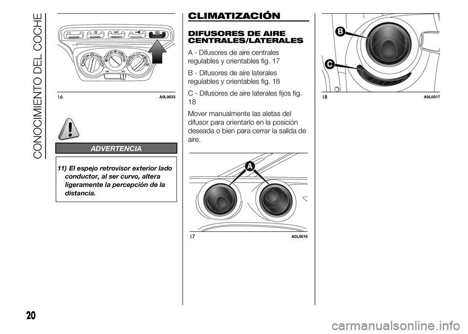Alfa Romeo 4C 2015  Manual de Empleo y Cuidado (in Spanish) ADVERTENCIA
11) El espejo retrovisor exterior lado
conductor, al ser curvo, altera
ligeramente la percepción de la
distancia.
CLIMATIZACIÓN
DIFUSORES DE AIRE
CENTRALES/LATERALES
A - Difusores de air