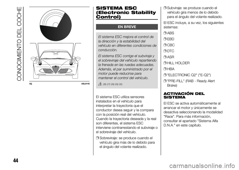 Alfa Romeo 4C 2015  Manual de Empleo y Cuidado (in Spanish) .
SISTEMA ESC
(Electronic Stability
Control)
EN BREVE
El sistema ESC mejora el control de
la dirección y la estabilidad del
vehículo en diferentes condiciones de
conducción.
El sistema ESC corrige 