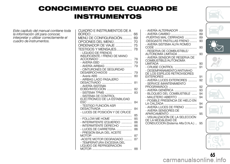 Alfa Romeo 4C 2015  Manual de Empleo y Cuidado (in Spanish) CONOCIMIENTO DEL CUADRO DE
INSTRUMENTOS
Este capítulo del manual contiene toda
la información útil para conocer,
interpretar y utilizar correctamente el
cuadro de instrumentos.CUADRO E INSTRUMENTOS