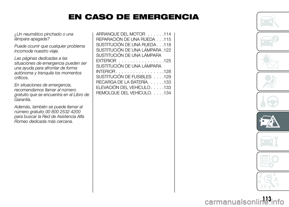 Alfa Romeo 4C 2016 Manual de Empleo y Cuidado (in Spanish) EN CASO DE EMERGENCIA
¿Un neumático pinchado o una
lámpara apagada?
Puede ocurrir que cualquier problema
incomode nuestro viaje.
Las páginas dedicadas a las
situaciones de emergencia pueden ser
un Alfa Romeo 4C 2016 Manual de Empleo y Cuidado (in Spanish) EN CASO DE EMERGENCIA
¿Un neumático pinchado o una
lámpara apagada?
Puede ocurrir que cualquier problema
incomode nuestro viaje.
Las páginas dedicadas a las
situaciones de emergencia pueden ser
un
