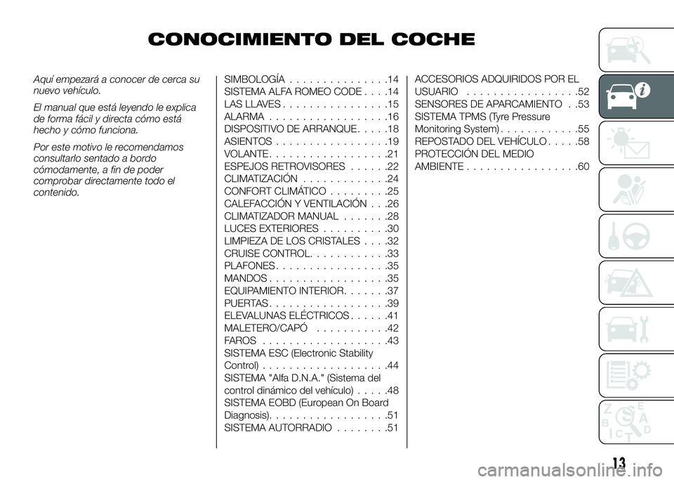 Alfa Romeo 4C 2016 Manual de Empleo y Cuidado (in Spanish) CONOCIMIENTO DEL COCHE
Aquí empezará a conocer de cerca su
nuevo vehículo.
El manual que está leyendo le explica
de forma fácil y directa cómo está
hecho y cómo funciona.
Por este motivo le re Alfa Romeo 4C 2016 Manual de Empleo y Cuidado (in Spanish) CONOCIMIENTO DEL COCHE
Aquí empezará a conocer de cerca su
nuevo vehículo.
El manual que está leyendo le explica
de forma fácil y directa cómo está
hecho y cómo funciona.
Por este motivo le re