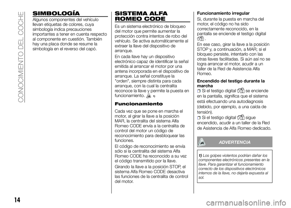 Alfa Romeo 4C 2016 Manual de Empleo y Cuidado (in Spanish) SIMBOLOGÍA
Algunos componentes del vehículo
llevan etiquetas de colores, cuya
simbología indica precauciones
importantes a tener en cuenta respecto
al componente en cuestión. También
hay una plac Alfa Romeo 4C 2016 Manual de Empleo y Cuidado (in Spanish) SIMBOLOGÍA
Algunos componentes del vehículo
llevan etiquetas de colores, cuya
simbología indica precauciones
importantes a tener en cuenta respecto
al componente en cuestión. También
hay una plac