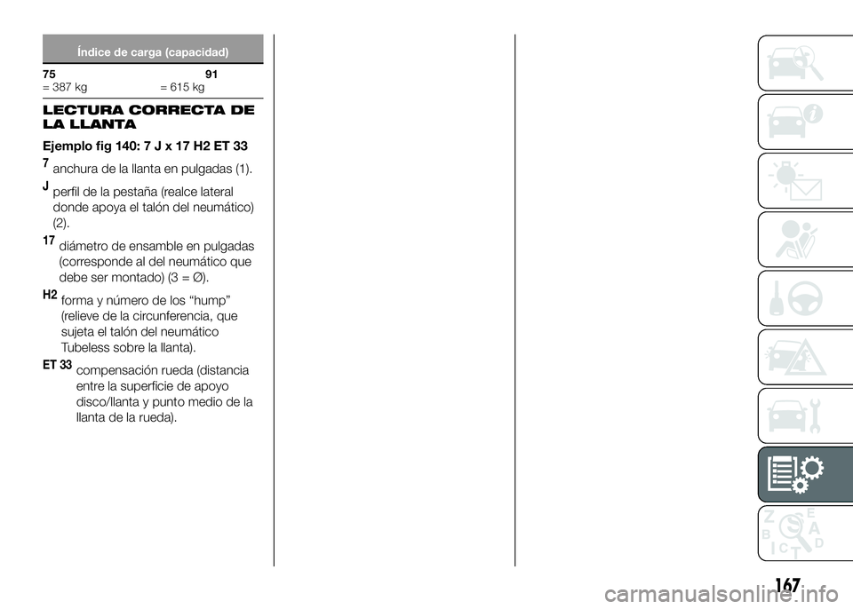 Alfa Romeo 4C 2016  Manual de Empleo y Cuidado (in Spanish) Índice de carga (capacidad)
75
= 387 kg91
= 615 kg
LECTURA CORRECTA DE
LA LLANTA
Ejemplo fig 140:7Jx17H2ET33
7anchura de la llanta en pulgadas (1).
Jperfil de la pestaña (realce lateral
donde apoya 