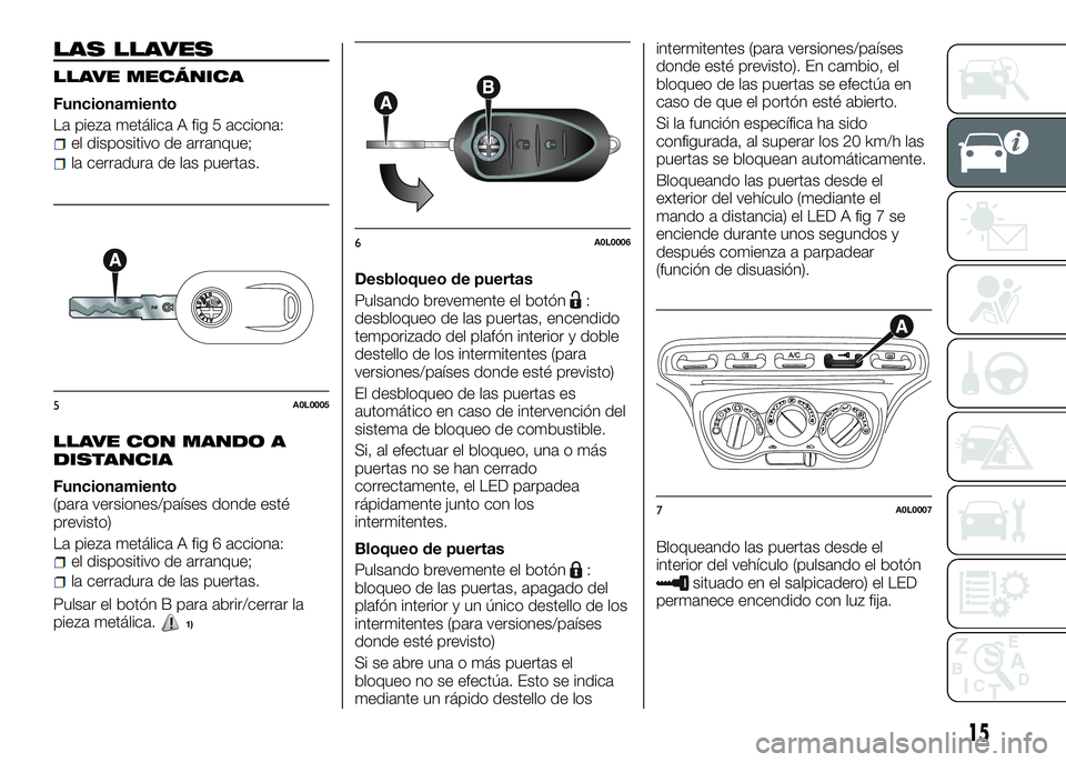 Alfa Romeo 4C 2016 Manual de Empleo y Cuidado (in Spanish) LAS LLAVES
LLAVE MECÁNICA
Funcionamiento
La pieza metálica A fig 5 acciona:
el dispositivo de arranque;
la cerradura de las puertas.
LLAVE CON MANDO A
DISTANCIA
Funcionamiento
(para versiones/paíse Alfa Romeo 4C 2016 Manual de Empleo y Cuidado (in Spanish) LAS LLAVES
LLAVE MECÁNICA
Funcionamiento
La pieza metálica A fig 5 acciona:
el dispositivo de arranque;
la cerradura de las puertas.
LLAVE CON MANDO A
DISTANCIA
Funcionamiento
(para versiones/paíse