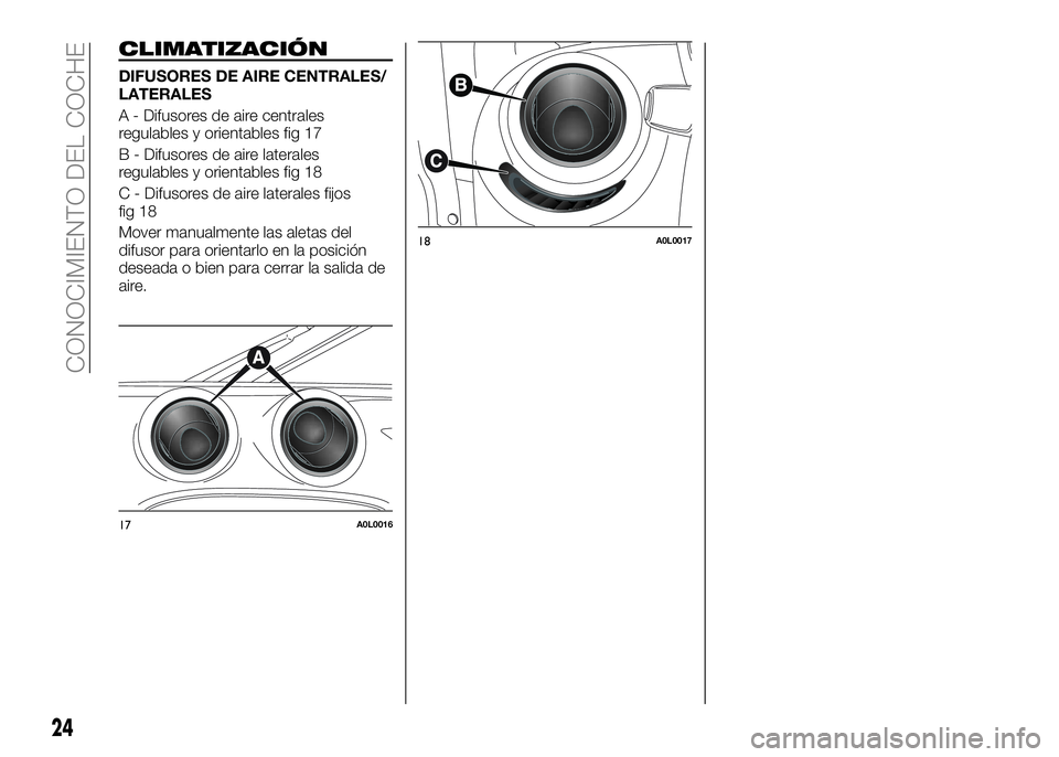 Alfa Romeo 4C 2016 Manual de Empleo y Cuidado (in Spanish) CLIMATIZACIÓN
DIFUSORES DE AIRE CENTRALES/
LATERALES
A - Difusores de aire centrales
regulables y orientables fig 17
B - Difusores de aire laterales
regulables y orientables fig 18
C - Difusores de a Alfa Romeo 4C 2016 Manual de Empleo y Cuidado (in Spanish) CLIMATIZACIÓN
DIFUSORES DE AIRE CENTRALES/
LATERALES
A - Difusores de aire centrales
regulables y orientables fig 17
B - Difusores de aire laterales
regulables y orientables fig 18
C - Difusores de a