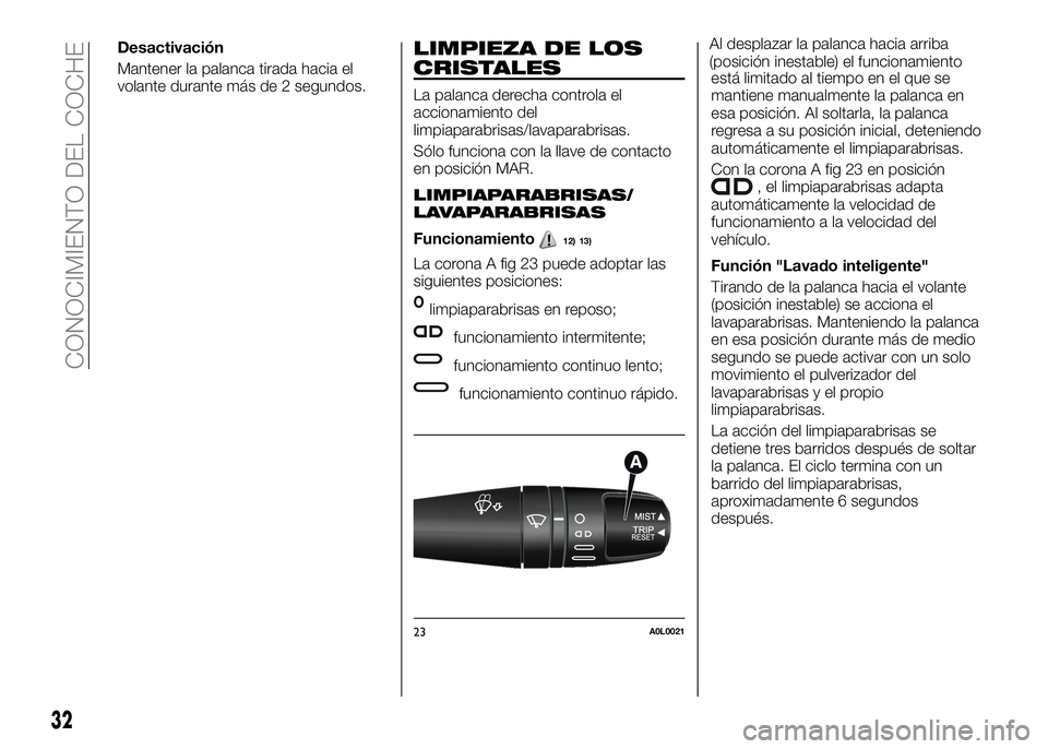 Alfa Romeo 4C 2016 Manual de Empleo y Cuidado (in Spanish) Desactivación
Mantener la palanca tirada hacia el
volante durante más de 2 segundos.LIMPIEZA DE LOS
CRISTALES
La palanca derecha controla el
accionamiento del
limpiaparabrisas/lavaparabrisas.
Sólo Alfa Romeo 4C 2016 Manual de Empleo y Cuidado (in Spanish) Desactivación
Mantener la palanca tirada hacia el
volante durante más de 2 segundos.LIMPIEZA DE LOS
CRISTALES
La palanca derecha controla el
accionamiento del
limpiaparabrisas/lavaparabrisas.
Sólo