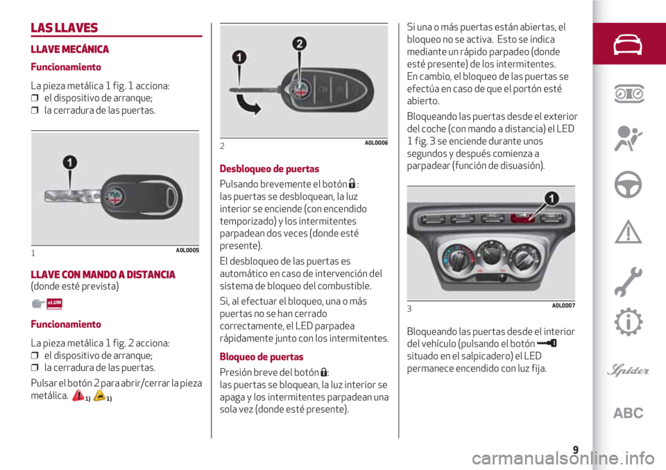 Alfa Romeo 4C 2021  Manual de Empleo y Cuidado (in Spanish) 9
LAS LLAVES
LLAVE MECÁNICA 
Funcionamiento
La pieza metálica 1 fig. 1 acciona:
❒  el dispositivo de arranque;
❒  la cerradura de las puertas.
LLAVE CON MANDO A DISTANCIA(donde esté prevista)
F