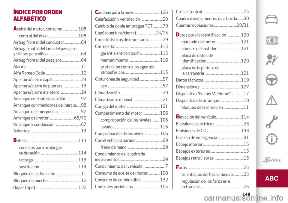 Alfa Romeo 4C 2020  Manual de Empleo y Cuidado (in Spanish) 149
ÍNDICE POR ORDEN
ALFABÉTICO 
Aceite del motor, consumo ...................108 
control del nivel  ....................................108
Airbag frontal del conductor....................64
Airba