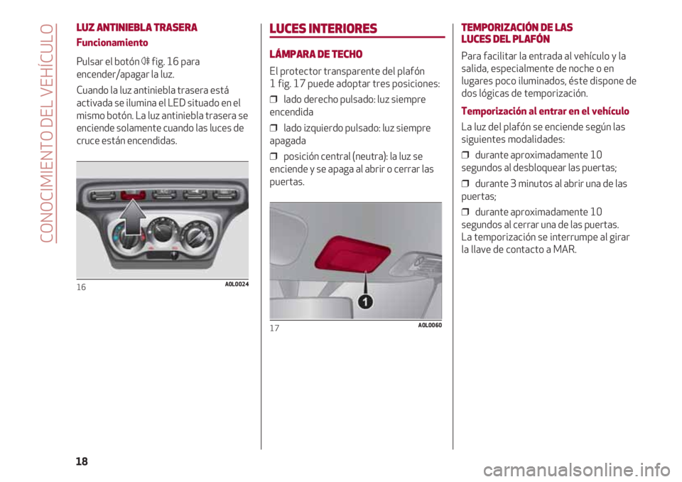 Alfa Romeo 4C 2020  Manual de Empleo y Cuidado (in Spanish) LUZ ANTINIEBLA TRASERA
Funcionamiento
Pulsar el botón 4fig. 16 para
encender/apagar la luz.
Cuando la luz antiniebla trasera está
activada se ilumina el LED situado en el
mismo botón. La luz antini