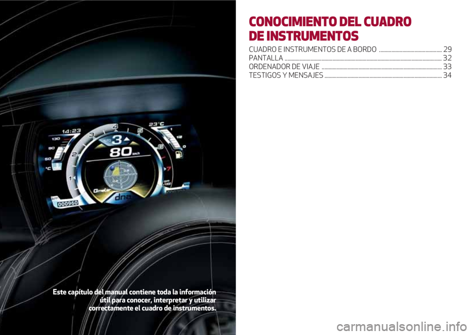 Alfa Romeo 4C 2020  Manual de Empleo y Cuidado (in Spanish) CONOCIMIENTO DEL CUADRO 
DE INSTRUMENTOS
CUADRO E INSTRUMENTOS DE A BORDO  .............................................. 29
PANTALLA ..................................................................