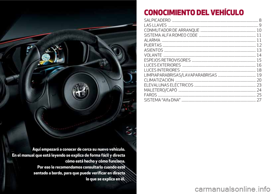 Alfa Romeo 4C 2020  Manual de Empleo y Cuidado (in Spanish) CONOCIMIENTO DEL VEHÍCULO
SALPICADERO ............................................................................................................. 8
LAS LLAVES  ....................................