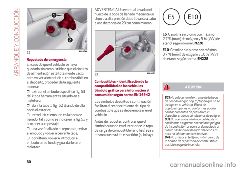 Alfa Romeo 4C 2021 Manual de Empleo y Cuidado (in Spanish) ARRANQUE Y CONDUCCIÓN
80
Repostado de emergencia
En caso de que el vehículo se haya
quedado sin combustible o que el circuito
de alimentación esté totalmente vacío,
para volver a introducir el co Alfa Romeo 4C 2021 Manual de Empleo y Cuidado (in Spanish) ARRANQUE Y CONDUCCIÓN
80
Repostado de emergencia
En caso de que el vehículo se haya
quedado sin combustible o que el circuito
de alimentación esté totalmente vacío,
para volver a introducir el co
