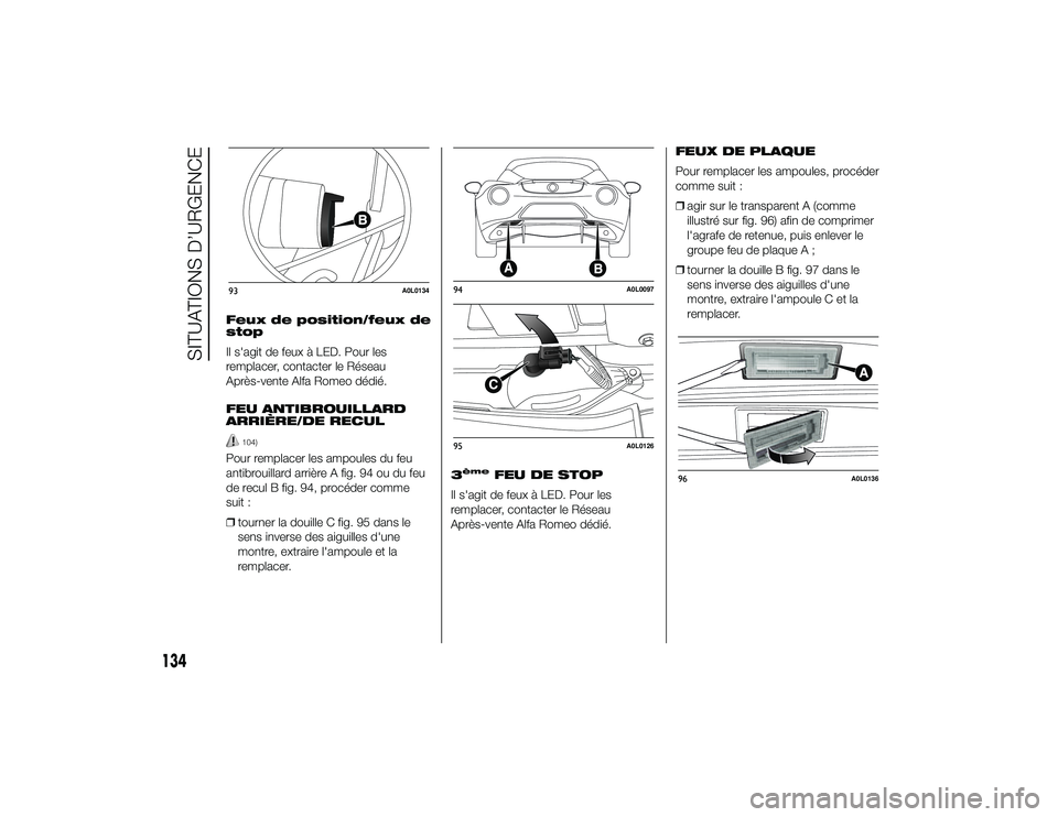 Alfa Romeo 4C 2013 Notice dentretien (in French) Feux de position/feux de
stop
Il s'agit de feux à LED. Pour les
remplacer, contacter le Réseau
Après-vente Alfa Romeo dédié.
FEU ANTIBROUILLARD
ARRIÈRE/DE RECUL
104)
Pour remplacer les ampou Alfa Romeo 4C 2013 Notice dentretien (in French) Feux de position/feux de
stop
Il s'agit de feux à LED. Pour les
remplacer, contacter le Réseau
Après-vente Alfa Romeo dédié.
FEU ANTIBROUILLARD
ARRIÈRE/DE RECUL
104)
Pour remplacer les ampou