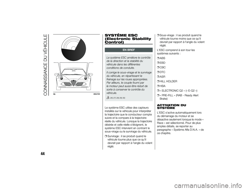 Alfa Romeo 4C 2014 Notice dentretien (in French) SYSTÈME ESC
(Electronic Stability
Control)
EN BREF
Le système ESC améliore le contrôle
de la direction et la stabilité du
véhicule dans les différentes
conditions de conduite.
Il corrige le sou Alfa Romeo 4C 2014 Notice dentretien (in French) SYSTÈME ESC
(Electronic Stability
Control)
EN BREF
Le système ESC améliore le contrôle
de la direction et la stabilité du
véhicule dans les différentes
conditions de conduite.
Il corrige le sou