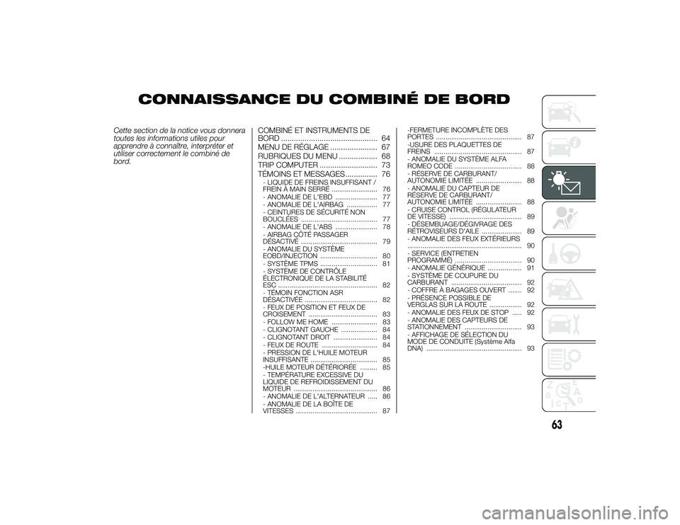 Alfa Romeo 4C 2014  Notice dentretien (in French) CONNAISSANCE DU COMBINÉ DE BORD
Cette section de la notice vous donnera
toutes les informations utiles pour
apprendre à connaître, interpréter et
utiliser correctement le combiné de
bord.COMBINÉ