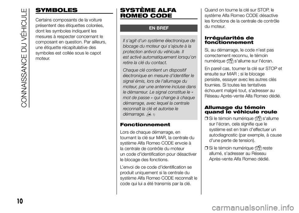 Alfa Romeo 4C 2015 Notice dentretien (in French) SYMBOLES
Certains composants de la voiture
présentent des étiquettes colorées,
dont les symboles indiquent les
mesures à respecter concernant le
composant en question. Par ailleurs,
une étiquette Alfa Romeo 4C 2015 Notice dentretien (in French) SYMBOLES
Certains composants de la voiture
présentent des étiquettes colorées,
dont les symboles indiquent les
mesures à respecter concernant le
composant en question. Par ailleurs,
une étiquette