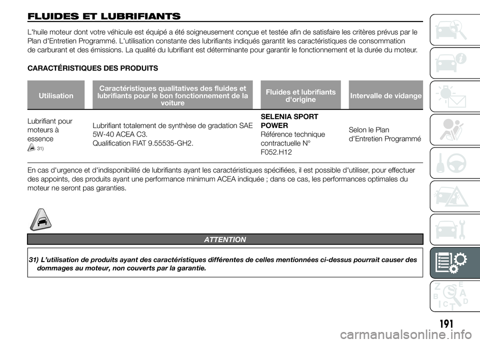 Alfa Romeo 4C 2015 Notice dentretien (in French) FLUIDES ET LUBRIFIANTS
L'huile moteur dont votre véhicule est équipé a été soigneusement conçue et testée afin de satisfaire les critères prévus par le
Plan d'Entretien Programmé. L& Alfa Romeo 4C 2015 Notice dentretien (in French) FLUIDES ET LUBRIFIANTS
L'huile moteur dont votre véhicule est équipé a été soigneusement conçue et testée afin de satisfaire les critères prévus par le
Plan d'Entretien Programmé. L&