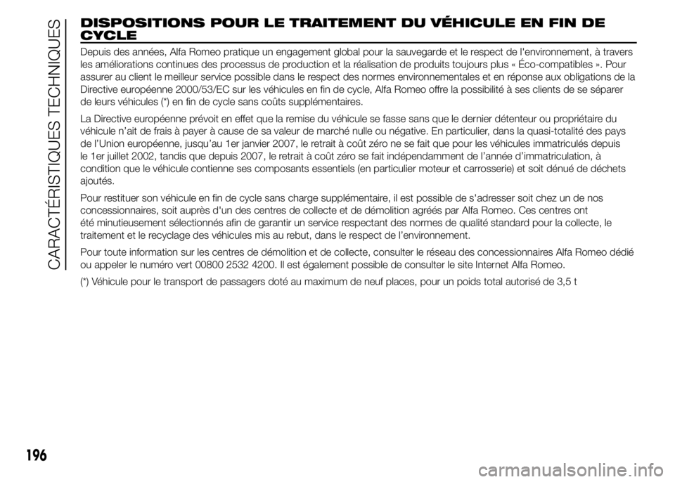 Alfa Romeo 4C 2015 Notice dentretien (in French) DISPOSITIONS POUR LE TRAITEMENT DU VÉHICULE EN FIN DE
CYCLE
Depuis des années, Alfa Romeo pratique un engagement global pour la sauvegarde et le respect de l'environnement, à travers
les améli Alfa Romeo 4C 2015 Notice dentretien (in French) DISPOSITIONS POUR LE TRAITEMENT DU VÉHICULE EN FIN DE
CYCLE
Depuis des années, Alfa Romeo pratique un engagement global pour la sauvegarde et le respect de l'environnement, à travers
les améli