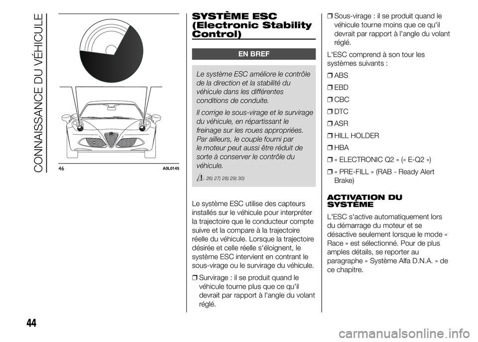 Alfa Romeo 4C 2015  Notice dentretien (in French) .
SYSTÈME ESC
(Electronic Stability
Control)
EN BREF
Le système ESC améliore le contrôle
de la direction et la stabilité du
véhicule dans les différentes
conditions de conduite.
Il corrige le s