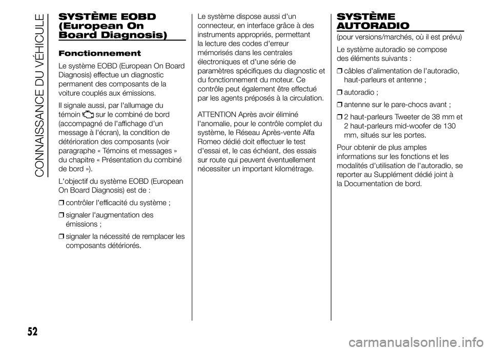 Alfa Romeo 4C 2015 Notice dentretien (in French) SYSTÈME EOBD
(European On
Board Diagnosis)
Fonctionnement
Le système EOBD (European On Board
Diagnosis) effectue un diagnostic
permanent des composants de la
voiture couplés aux émissions.
Il sign Alfa Romeo 4C 2015 Notice dentretien (in French) SYSTÈME EOBD
(European On
Board Diagnosis)
Fonctionnement
Le système EOBD (European On Board
Diagnosis) effectue un diagnostic
permanent des composants de la
voiture couplés aux émissions.
Il sign