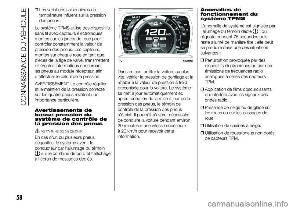 Alfa Romeo 4C 2015 Notice dentretien (in French) ❒Les variations saisonnières de
température influent sur la pression
des pneus.
Le système TPMS utilise des dispositifs
sans fil avec capteurs électroniques
montés sur les jantes de roue pour
c Alfa Romeo 4C 2015 Notice dentretien (in French) ❒Les variations saisonnières de
température influent sur la pression
des pneus.
Le système TPMS utilise des dispositifs
sans fil avec capteurs électroniques
montés sur les jantes de roue pour
c