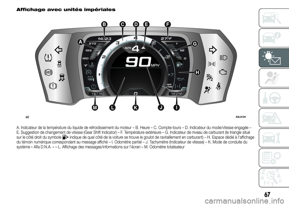 Alfa Romeo 4C 2015 Notice dentretien (in French) Affichage avec unités impériales
A. Indicateur de la température du liquide de refroidissement du moteur – B. Heure – C. Compte-tours – D. Indicateur du mode/vitesse engagée –
E. Suggestio Alfa Romeo 4C 2015 Notice dentretien (in French) Affichage avec unités impériales
A. Indicateur de la température du liquide de refroidissement du moteur – B. Heure – C. Compte-tours – D. Indicateur du mode/vitesse engagée –
E. Suggestio