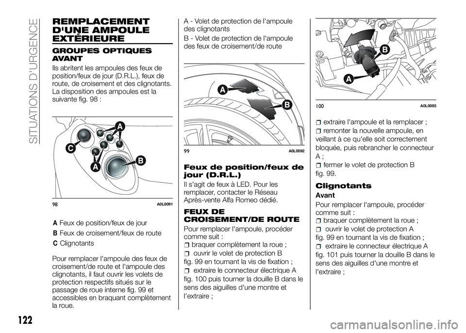 Alfa Romeo 4C 2016  Notice dentretien (in French) REMPLACEMENT
D'UNE AMPOULE
EXTÉRIEURE
GROUPES OPTIQUES
AVANT
Ils abritent les ampoules des feux de
position/feux de jour (D.R.L.), feux de
route, de croisement et des clignotants.
La disposition 