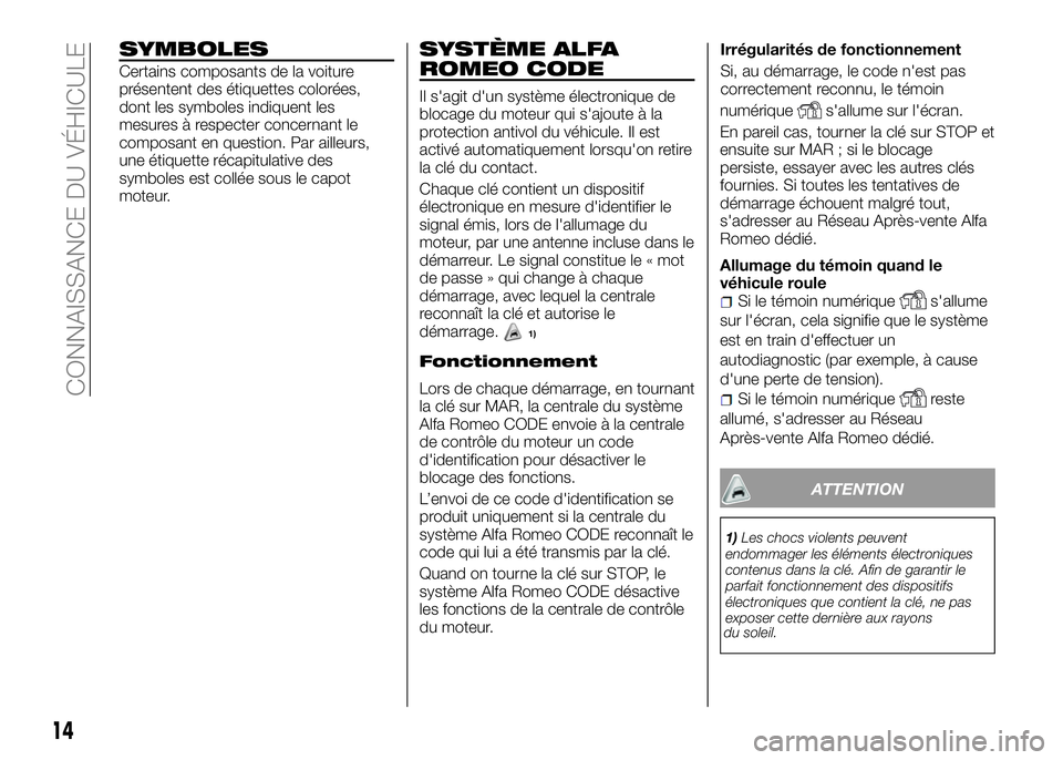 Alfa Romeo 4C 2016 Notice dentretien (in French) SYMBOLES
Certains composants de la voiture
présentent des étiquettes colorées,
dont les symboles indiquent les
mesures à respecter concernant le
composant en question. Par ailleurs,
une étiquette Alfa Romeo 4C 2016 Notice dentretien (in French) SYMBOLES
Certains composants de la voiture
présentent des étiquettes colorées,
dont les symboles indiquent les
mesures à respecter concernant le
composant en question. Par ailleurs,
une étiquette