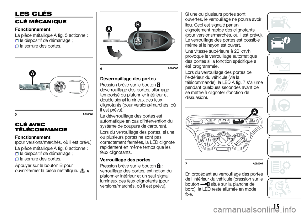 Alfa Romeo 4C 2016 Notice dentretien (in French) LES CLÉS
CLÉ MÉCANIQUE
Fonctionnement
La pièce métallique A fig. 5 actionne :
le dispositif de démarrage ;
la serrure des portes.
CLÉ AVEC
TÉLÉCOMMANDE
Fonctionnement
(pour versions/marchés, Alfa Romeo 4C 2016 Notice dentretien (in French) LES CLÉS
CLÉ MÉCANIQUE
Fonctionnement
La pièce métallique A fig. 5 actionne :
le dispositif de démarrage ;
la serrure des portes.
CLÉ AVEC
TÉLÉCOMMANDE
Fonctionnement
(pour versions/marchés,
