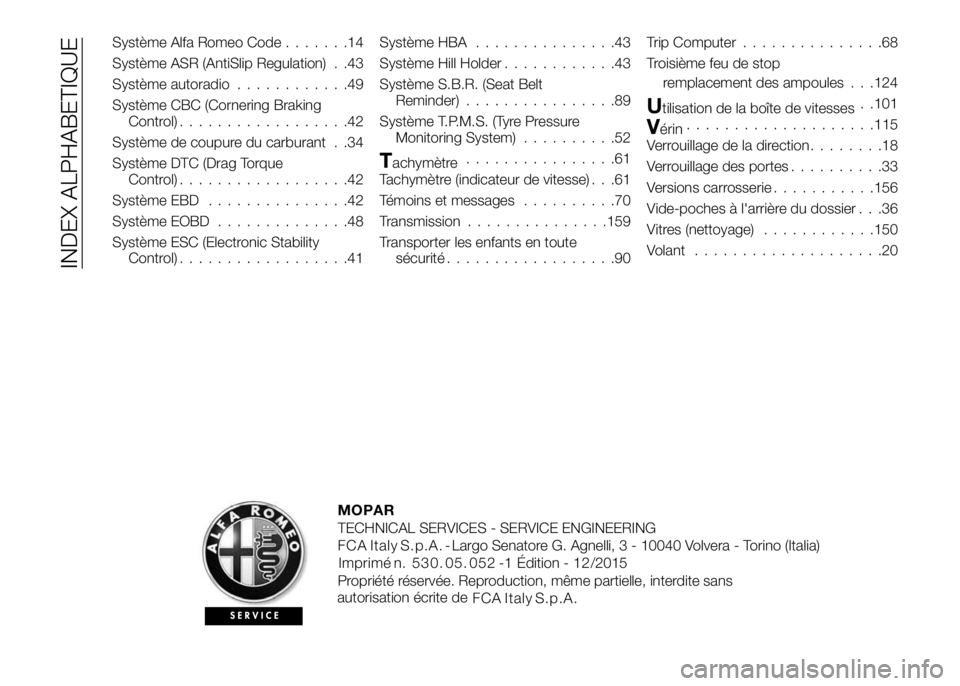 Alfa Romeo 4C 2016  Notice dentretien (in French) Système Alfa Romeo Code.......14
Système ASR (AntiSlip Regulation) . .43
Système autoradio............49
Système CBC (Cornering Braking
Control)..................42
Système de coupure du carburan