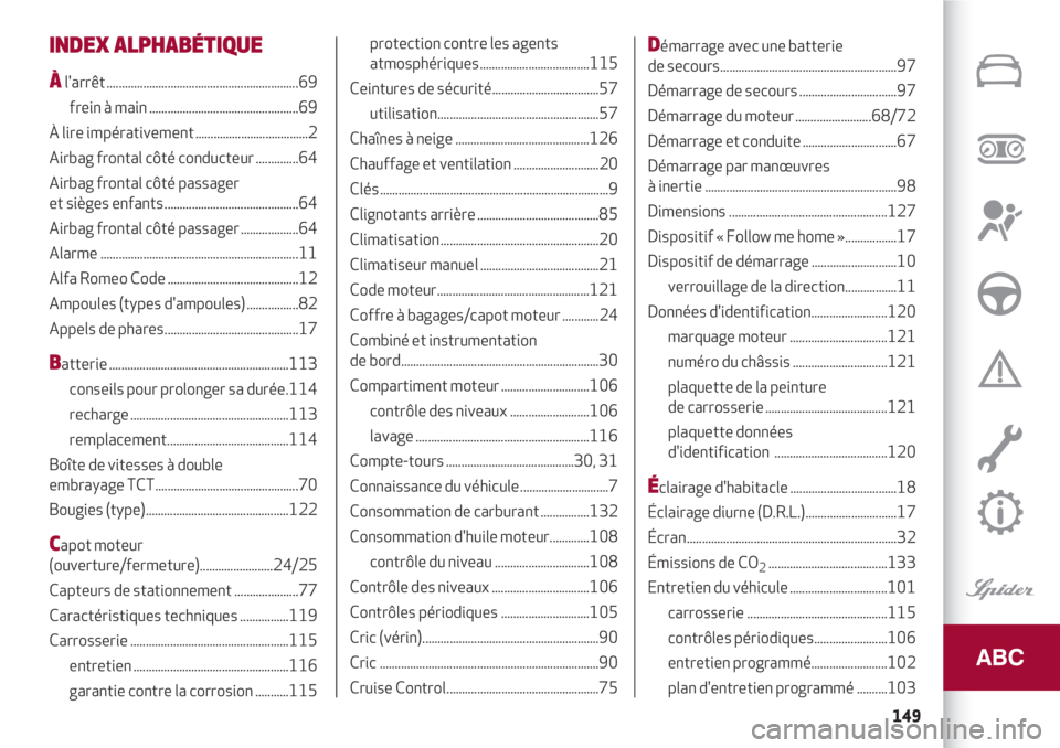 Alfa Romeo 4C 2020  Notice dentretien (in French) 149
INDEX ALPHABÉTIQUE 
Àl'arrêt ...............................................................69
frein à main .................................................69
À lire impérativement ....