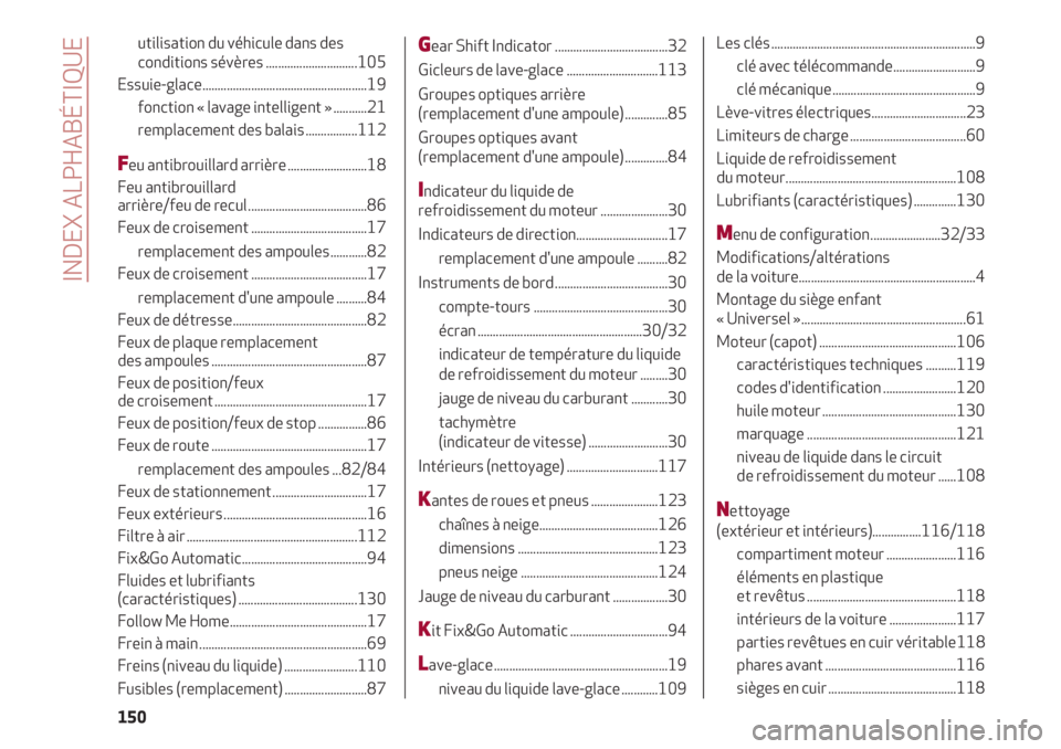 Alfa Romeo 4C 2020  Notice dentretien (in French) INDEX ALPHABÉTIQUE
150
utilisation du véhicule dans des
conditions sévères ..............................105 
Essuie-glace......................................................19
fonction « lavag