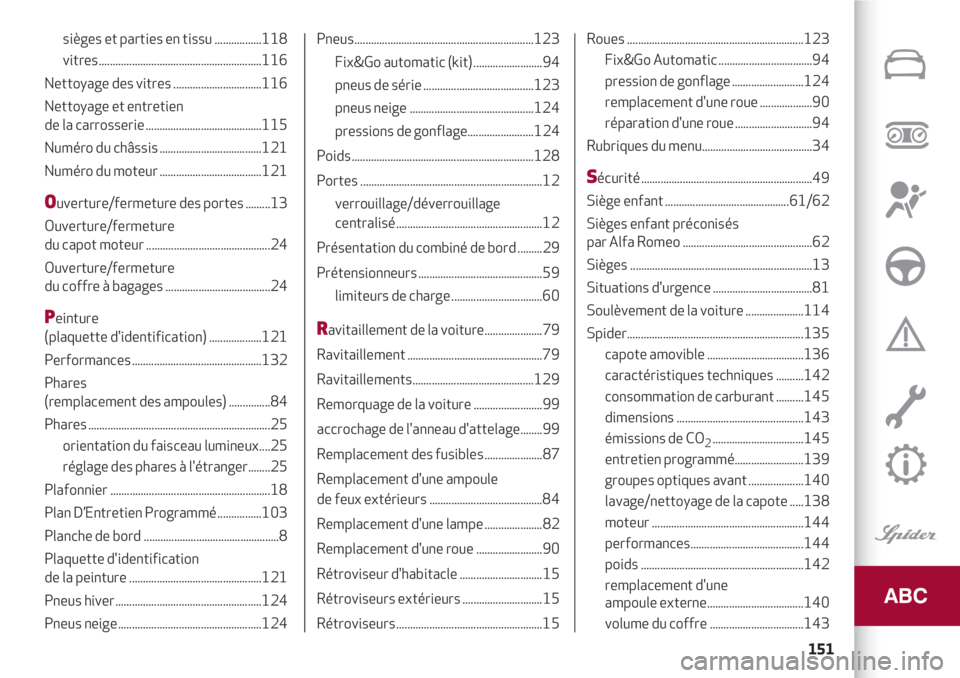 Alfa Romeo 4C 2021  Notice dentretien (in French) 151
sièges et parties en tissu .................118 
vitres...........................................................116 
Nettoyage des vitres ................................116 
Nettoyage et entre