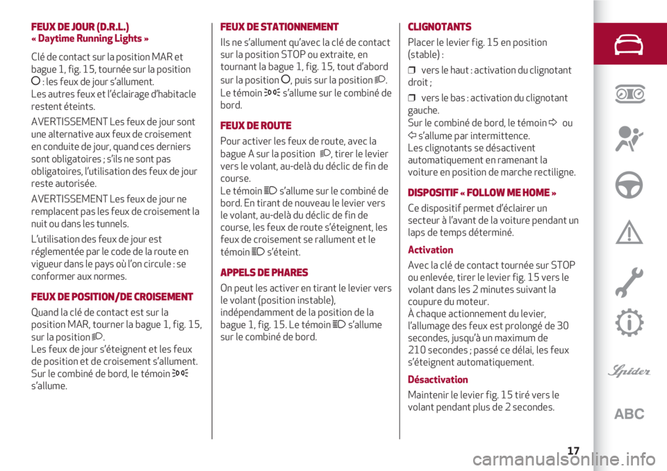 Alfa Romeo 4C 2021  Notice dentretien (in French) 17
FEUX DE JOUR (D.R.L.)
« Daytime Running Lights »
Clé de contact sur la position MAR et
bague 1, fig. 15, tournée sur la position
å: les feux de jour s’allument. 
Les autres feux et l’éc