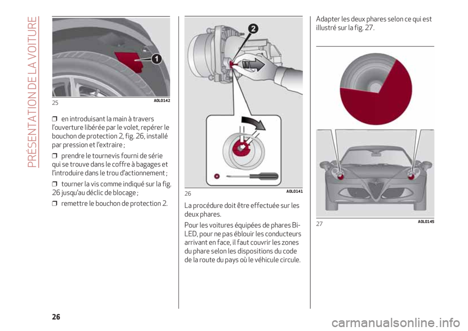Alfa Romeo 4C 2021  Notice dentretien (in French) PRÉSENTATION DE LA VOITURE
26
❒  en introduisant la main à travers
l’ouverture libérée par le volet, repérer le
bouchon de protection 2, fig. 26, installé
par pression et l’extraire ;
❒