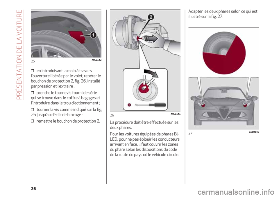 Alfa Romeo 4C 2020  Notice dentretien (in French) PRÉSENTATION DE LA VOITURE
26
❒  en introduisant la main à travers
l’ouverture libérée par le volet, repérer le
bouchon de protection 2, fig. 26, installé
par pression et l’extraire ;
❒