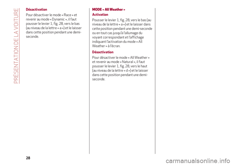 Alfa Romeo 4C 2021  Notice dentretien (in French) PRÉSENTATION DE LA VOITURE
28
Désactivation
Pour désactiver le mode « Race » et
revenir au mode « Dynamic », il faut
pousser le levier 1, fig. 28, vers le bas 
(au niveau de la lettre « a ») 