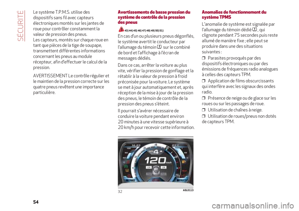 Alfa Romeo 4C 2020 Notice dentretien (in French) SÉCURITÉ
54 Le système T.P.M.S. utilise des
dispositifs sans fil avec capteurs
électroniques montés sur les jantes de
roue pour contrôler constamment la
valeur de pression des pneus.
Les capte Alfa Romeo 4C 2020 Notice dentretien (in French) SÉCURITÉ
54 Le système T.P.M.S. utilise des
dispositifs sans fil avec capteurs
électroniques montés sur les jantes de
roue pour contrôler constamment la
valeur de pression des pneus.
Les capte